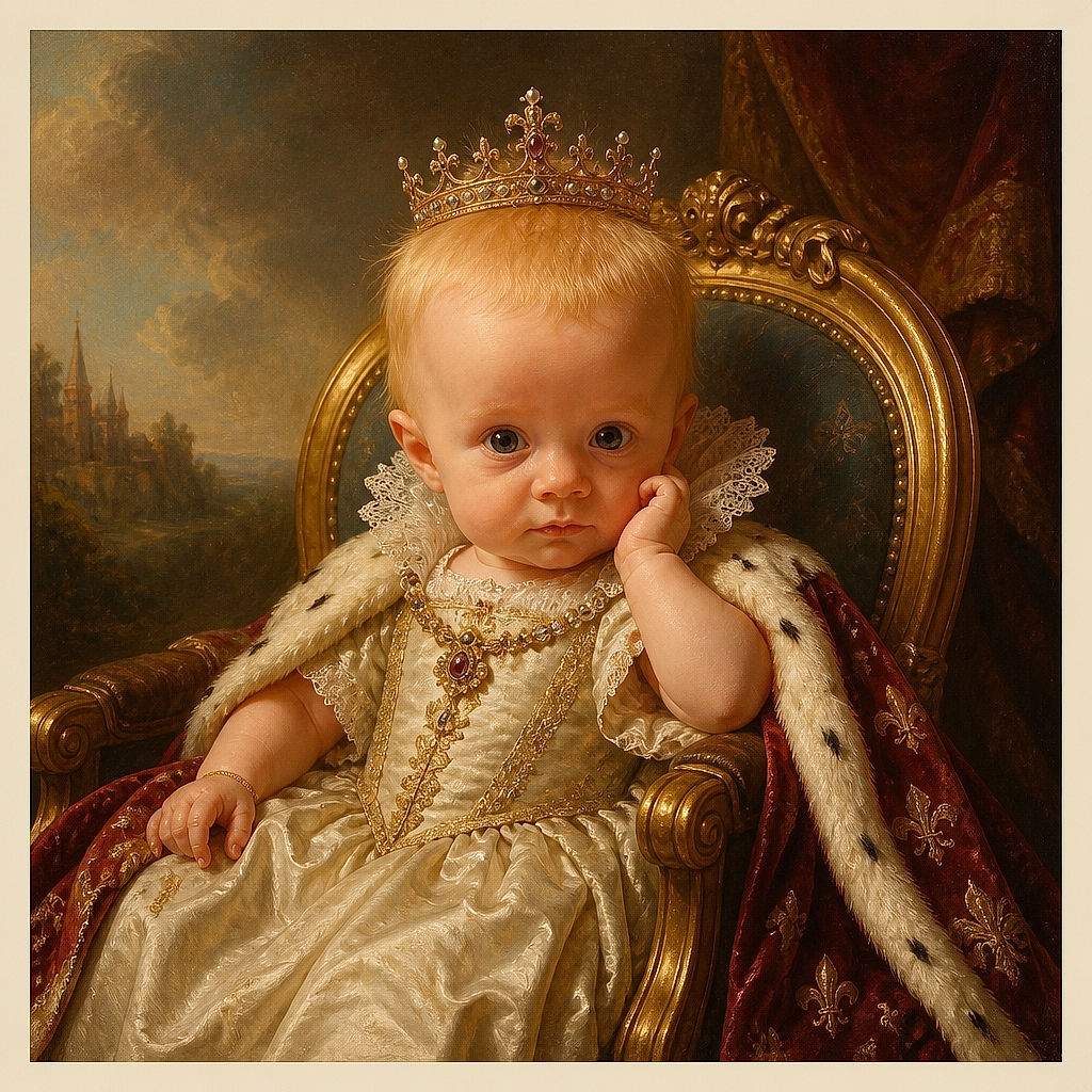 A wide-eyed baby lounges like a tiny royal on a mountain of pillows, sporting a polka-dot outfit and pacifier while one little hand reaches out for a friendly high-five.