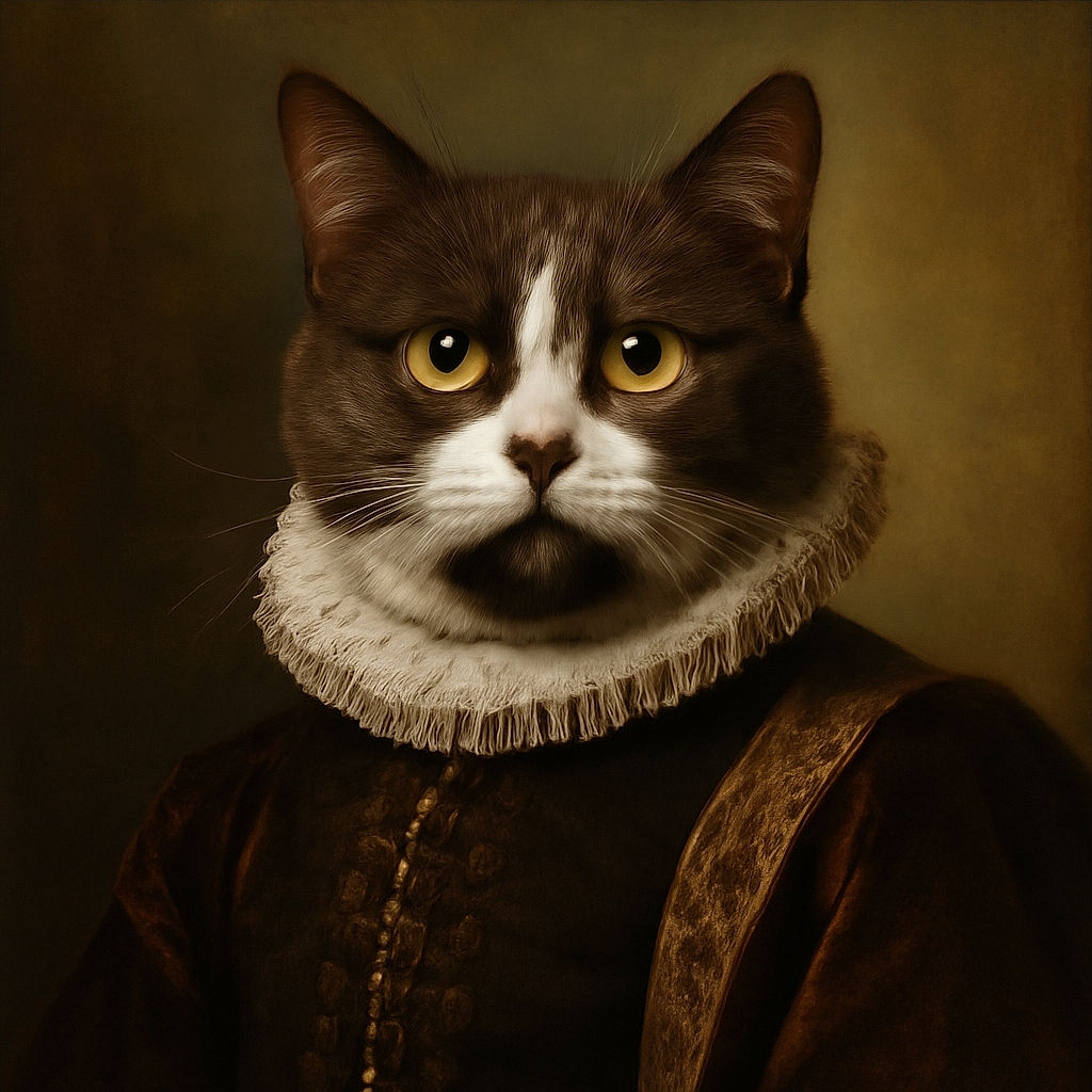 A curious cat with striking yellow eyes looks up from the tiled floor between two bare feet, surrounded by household items like a broom and a gray rug, capturing a candid moment of feline attention.