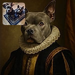 Two attentive dogs wearing cozy jackets sit side by side on a blue patterned rug in a tiled room, surrounded by their toys and food bowls, looking ready for a winter fashion show or maybe just a treat.