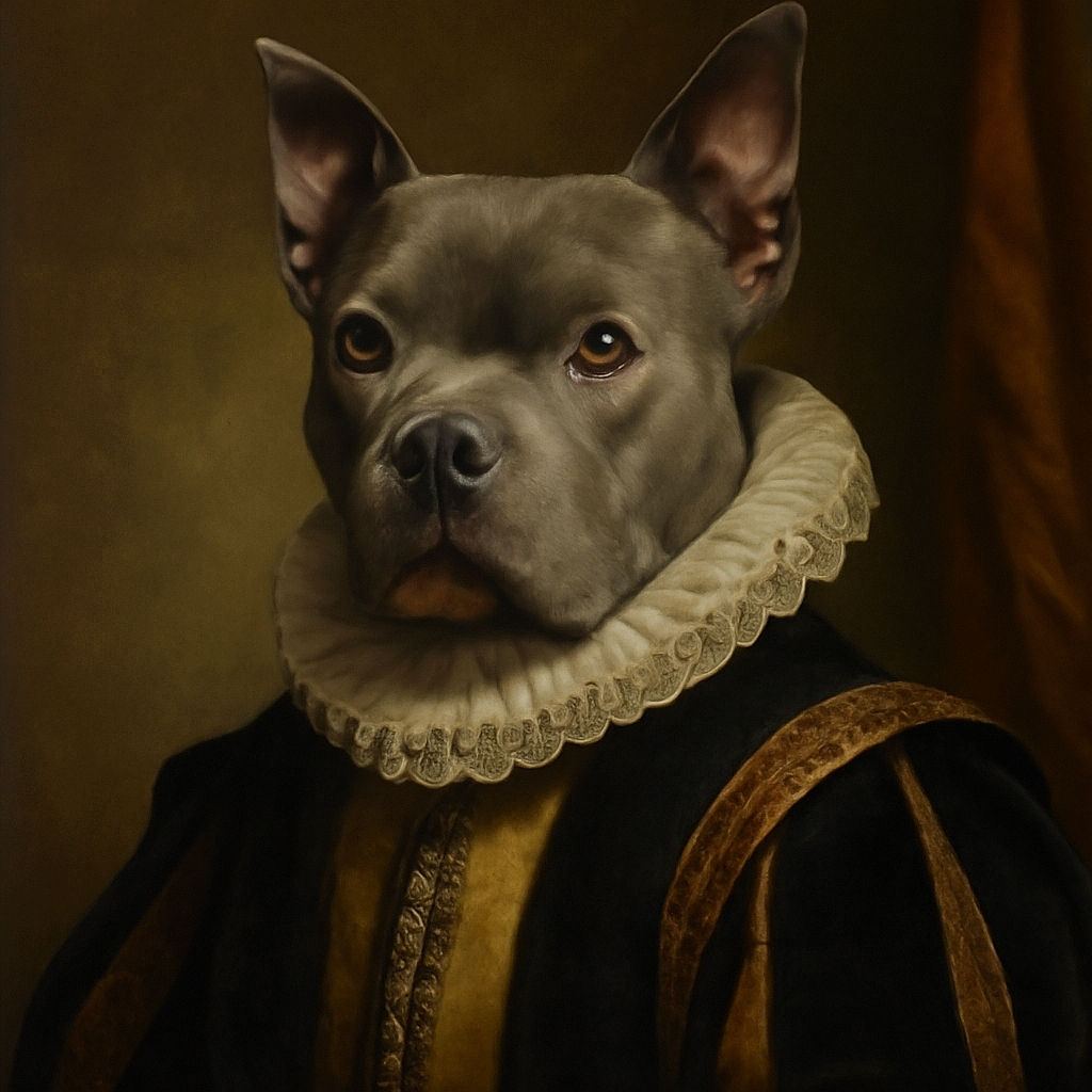 Two attentive dogs wearing cozy jackets sit side by side on a blue patterned rug in a tiled room, surrounded by their toys and food bowls, looking ready for a winter fashion show or maybe just a treat.