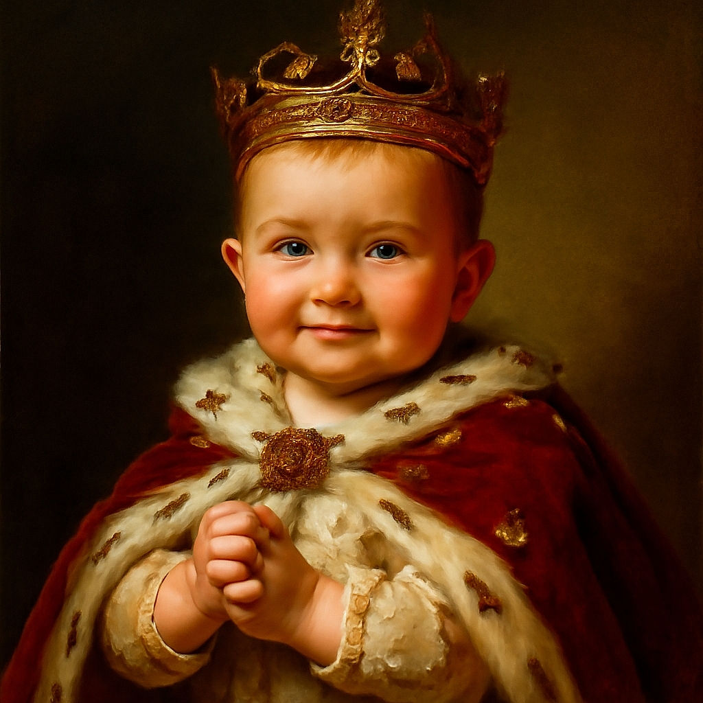 A chubby-cheeked baby with sparkling eyes clasps their hands together in a cozy high chair adorned with a playful fox pattern, looking like they're about to share a secret or burst into giggles.