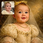 A charming baby with a golden bow on her head and big curious eyes, dressed in a delicate lace outfit, sits against a softly blurred background, radiating innocence and joy.