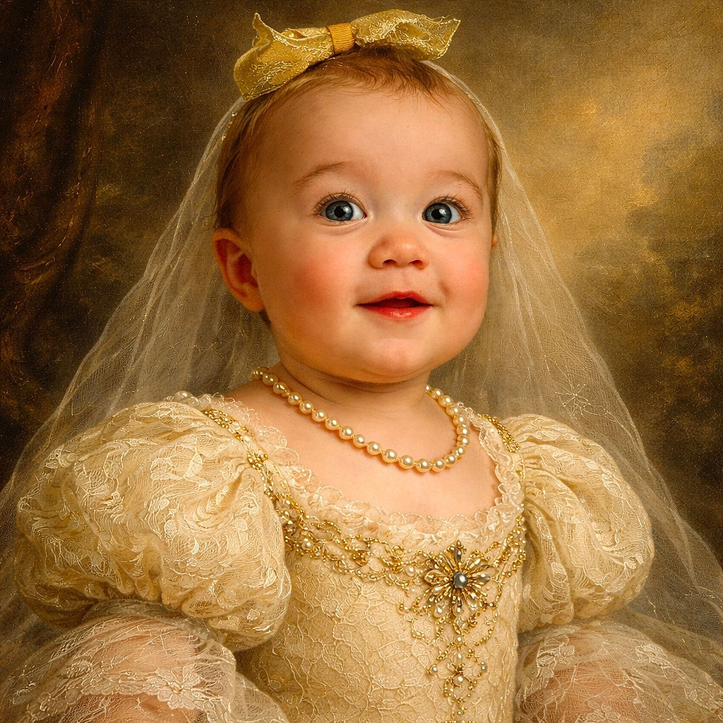 A charming baby with a golden bow on her head and big curious eyes, dressed in a delicate lace outfit, sits against a softly blurred background, radiating innocence and joy.