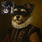 A scruffy little dog with a curious expression looks up at the camera, clutching a white object in its mouth, standing on a cracked pavement with a dramatic shadow stretching behind it.