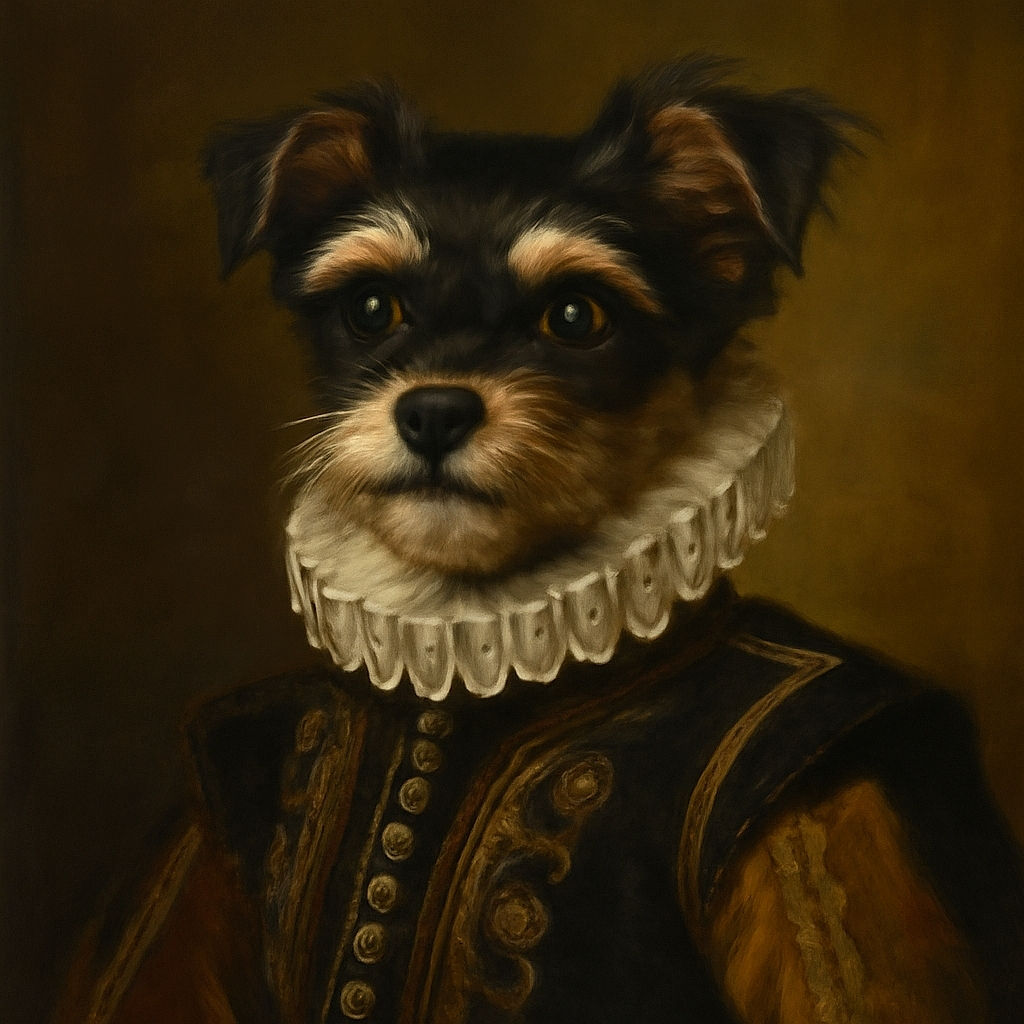 A scruffy little dog with a curious expression looks up at the camera, clutching a white object in its mouth, standing on a cracked pavement with a dramatic shadow stretching behind it.