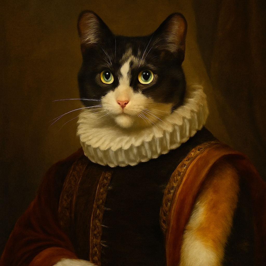 A calico cat sits attentively on a dark rug between a light wooden table and a cozy couch draped with textured blankets, looking directly at the camera with curious eyes.