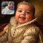 A close-up photo of a happy baby sticking out their tongue, dressed in a soft white outfit with striped sleeves, cozy on a couch with plush cushions in the background.