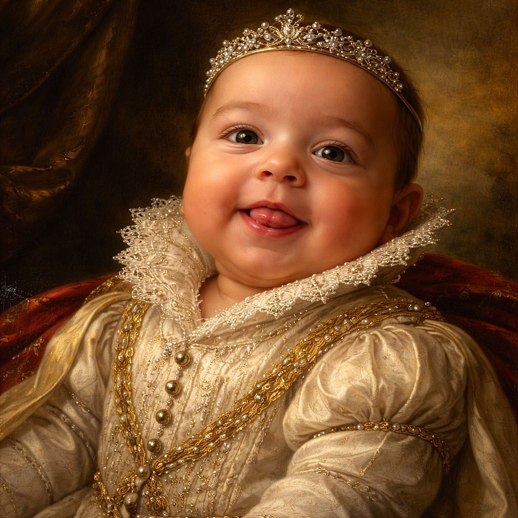A close-up photo of a happy baby sticking out their tongue, dressed in a soft white outfit with striped sleeves, cozy on a couch with plush cushions in the background.