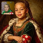 A young child with braided hair and a green shirt featuring red and white polka dots poses indoors with a calm expression, a colorful patterned blanket hanging on the wall behind them, and warm yellow-toned walls adding coziness to the scene.