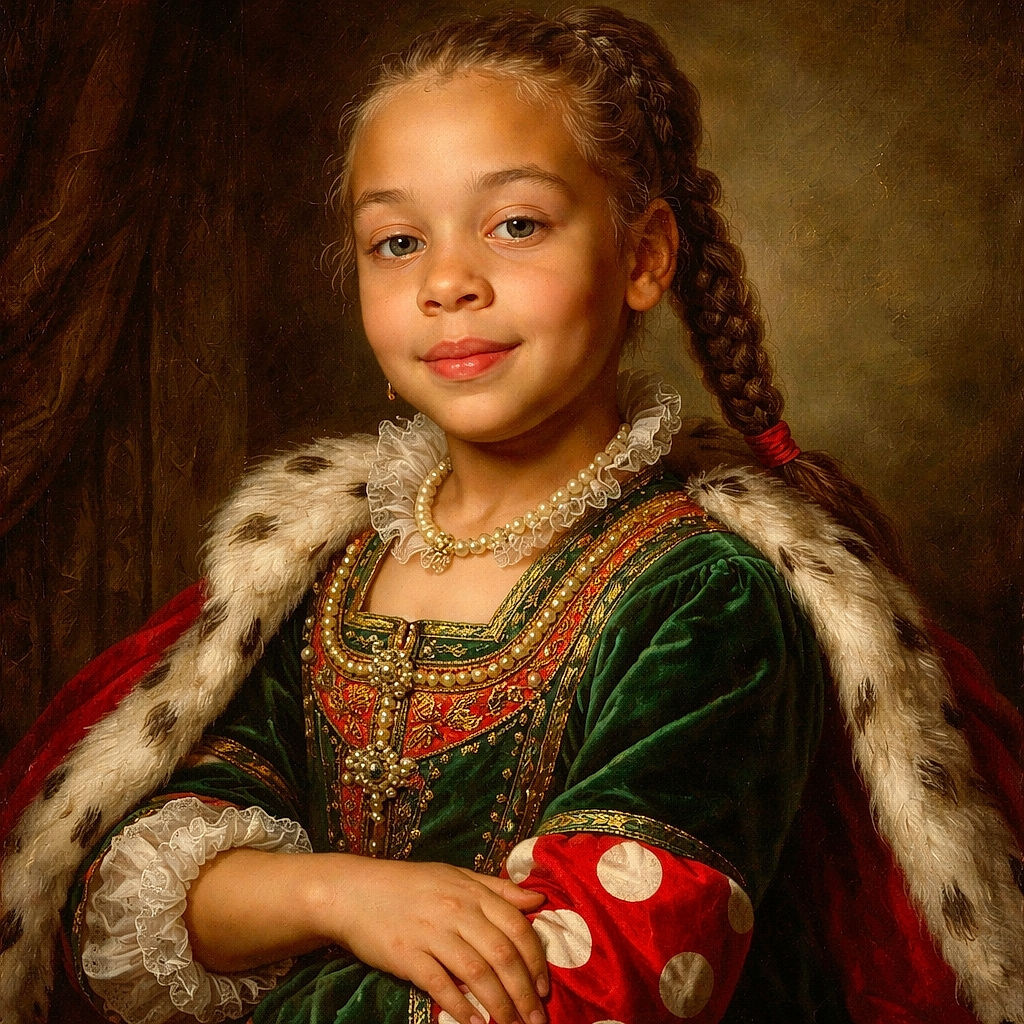 A young child with braided hair and a green shirt featuring red and white polka dots poses indoors with a calm expression, a colorful patterned blanket hanging on the wall behind them, and warm yellow-toned walls adding coziness to the scene.