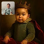 An adorable baby sitting on a bed, wearing a light green Nike tracksuit, holding a wooden sign that says 'ten months', with a curious and expressive face looking slightly to the side.