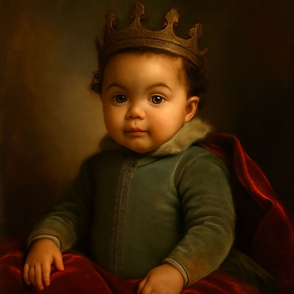 An adorable baby sitting on a bed, wearing a light green Nike tracksuit, holding a wooden sign that says 'ten months', with a curious and expressive face looking slightly to the side.