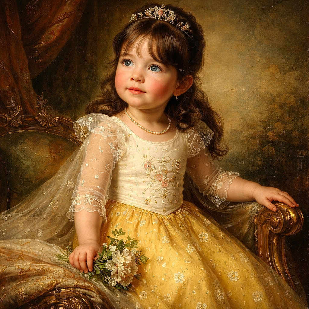 A charming little girl with a curious gaze sits on a green suitcase in an airport or station setting, wearing bright yellow pants with white flowers and floral shoes, looking ready for an adventure while the background hints at travel with luggage and a welcome sign.