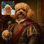 A fluffy apricot-colored poodle sits adorably on a white table outdoors, looking straight at the camera with curious eyes. The background features a black wall decorated with hanging ornaments and vibrant red flowers, creating a cozy garden vibe.