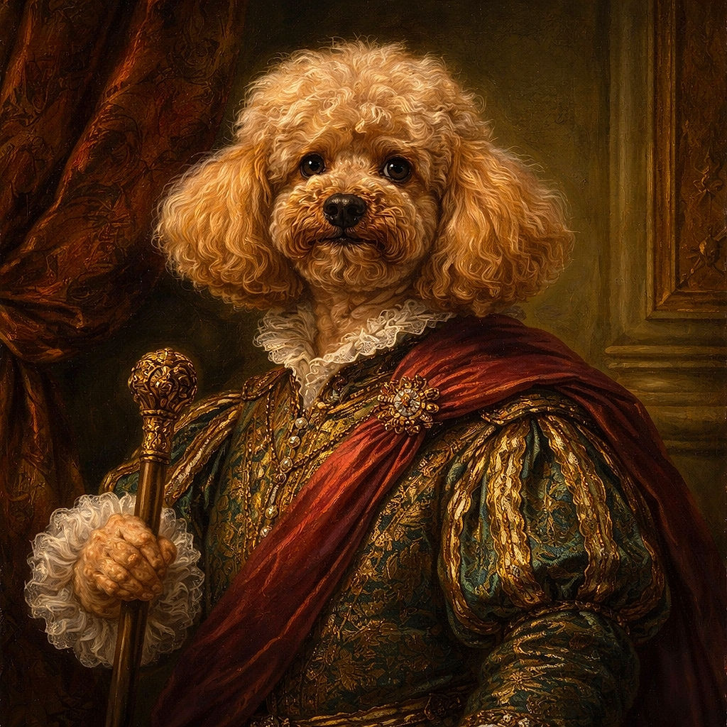 A fluffy apricot-colored poodle sits adorably on a white table outdoors, looking straight at the camera with curious eyes. The background features a black wall decorated with hanging ornaments and vibrant red flowers, creating a cozy garden vibe.