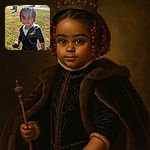 A cute young child with colorful beads in their hair stands outside on a sunny day, holding a round object covered in dirt, looking curiously at the camera with a slight smile and bright eyes.