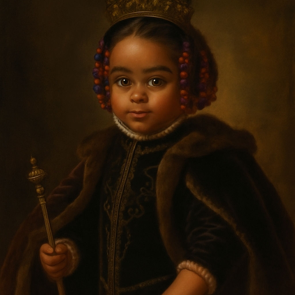 A cute young child with colorful beads in their hair stands outside on a sunny day, holding a round object covered in dirt, looking curiously at the camera with a slight smile and bright eyes.