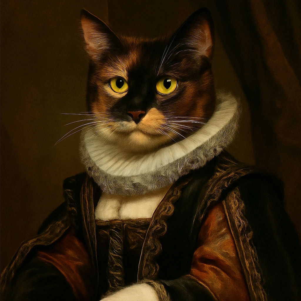 A striking calico cat lounges elegantly on a wooden surface, confidently extending a paw as if to claim the throne of indoor royalty. Its golden eyes gleam with curiosity and a hint of mischief, framed by a beautifully patterned coat that blends black, orange, and white in perfect harmony. The softly blurred background hints at a cozy home environment, adding warmth to this captivating feline portrait.