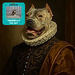 A happy dog with a speckled coat sits comfortably on a couch with a curtain backdrop, surrounded by playful paw prints and bones on a teal background, eagerly anticipating a big event tomorrow.