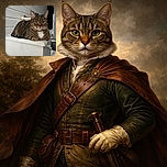 A majestic tabby cat lounges elegantly on a white cabinet, its green eyes staring intently at the camera. The cozy indoor setting with white wooden walls and soft lighting highlights the cat's striped fur and peaceful demeanor, making it the undisputed ruler of this quiet hallway.