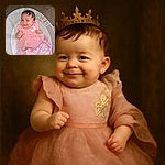A smiling baby dressed in a pink frilly outfit is comfortably nestled in a cushioned baby seat, wrapped partially in a soft pink and white blanket, with a cozy carpeted floor in the background.