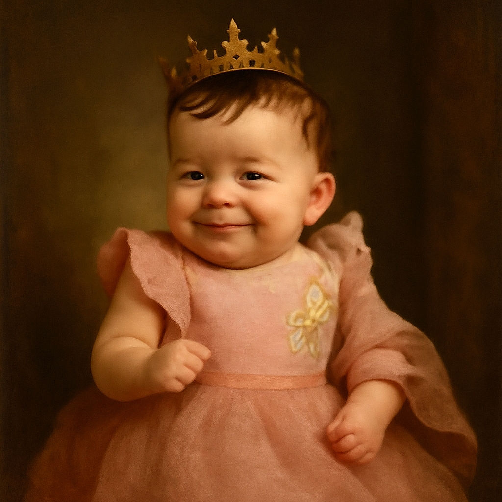 A smiling baby dressed in a pink frilly outfit is comfortably nestled in a cushioned baby seat, wrapped partially in a soft pink and white blanket, with a cozy carpeted floor in the background.