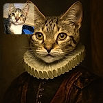 A close-up photo of an adorable tabby kitten with striking green eyes, sitting on a person's lap near a wooden table. The kitten's curious expression is captured with clear focus, though a small red mark is visible on its ear, adding a touch of character.