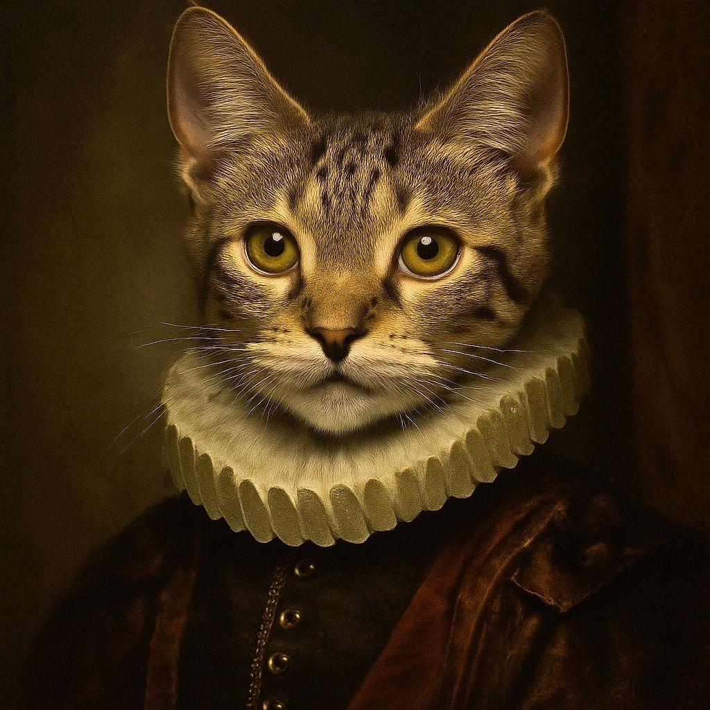 A close-up photo of an adorable tabby kitten with striking green eyes, sitting on a person's lap near a wooden table. The kitten's curious expression is captured with clear focus, though a small red mark is visible on its ear, adding a touch of character.