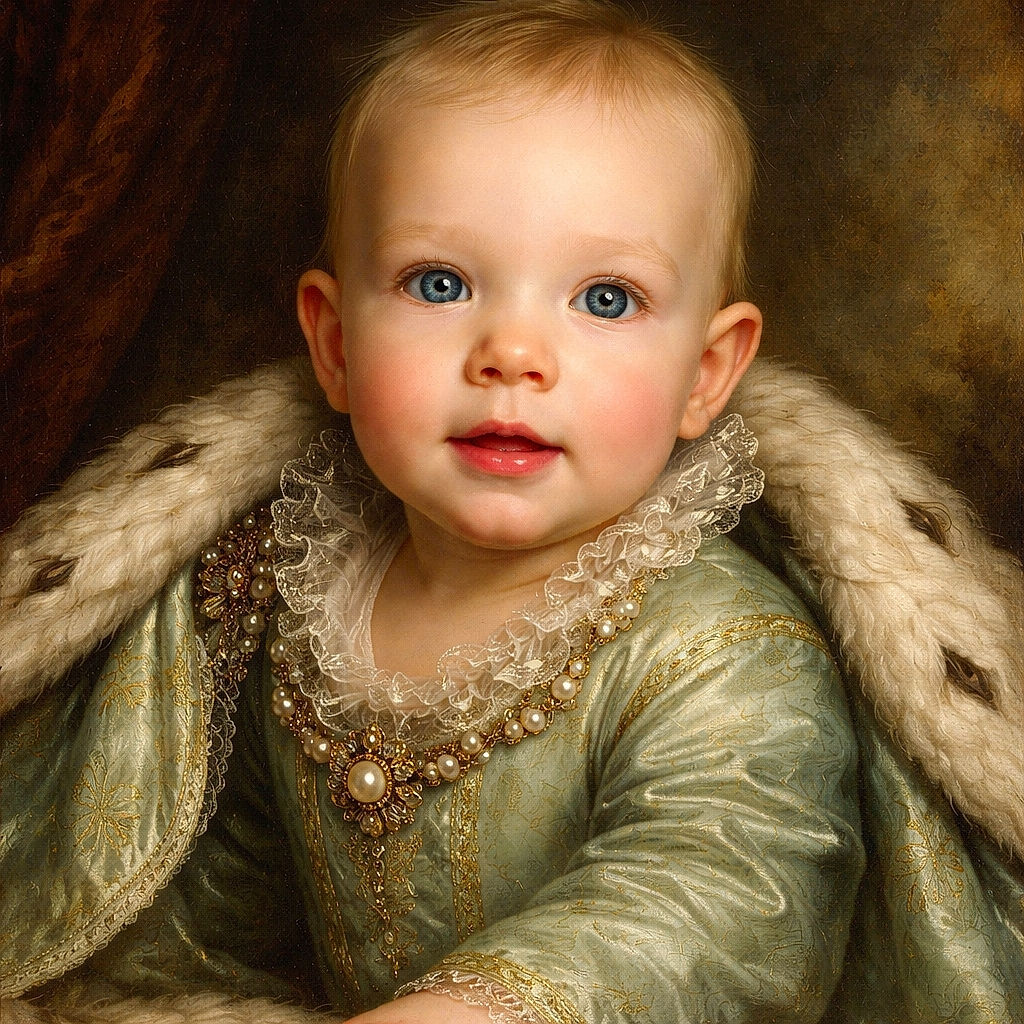 A wide-eyed baby pops out of a fluffy blanket like a tiny, inquisitive superhero — blue eyes locked on the camera, one hand reaching forward as if to tap the shutter.