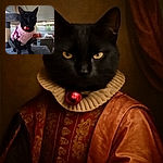 A sleek black cat wearing a cozy pink sweater with a festive pattern and a shiny red bell collar sits majestically on a gray carpeted cat tree, giving side-eye vibes as if judging your life choices while the softly lit room with large windows and outdoor view blurs behind.