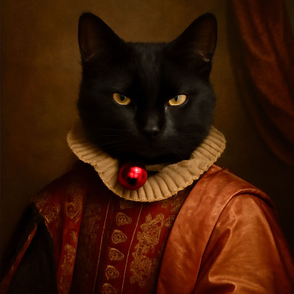 A sleek black cat wearing a cozy pink sweater with a festive pattern and a shiny red bell collar sits majestically on a gray carpeted cat tree, giving side-eye vibes as if judging your life choices while the softly lit room with large windows and outdoor view blurs behind.