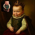 A cheeky baby with a mischievous grin is sitting against a dark background, wearing a cute denim overall with floral embroidery, looking like they just pulled off a tiny prank.