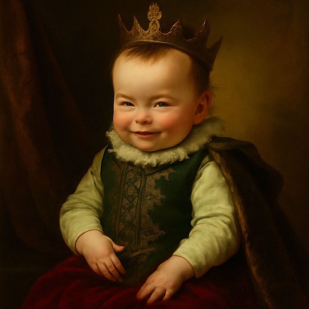 A cheeky baby with a mischievous grin is sitting against a dark background, wearing a cute denim overall with floral embroidery, looking like they just pulled off a tiny prank.