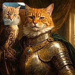 A grumpy yet majestic ginger cat draped over a teal chair, giving the world a slow-blink of mild judgment while its whiskers and fluffy white bib steal the show.