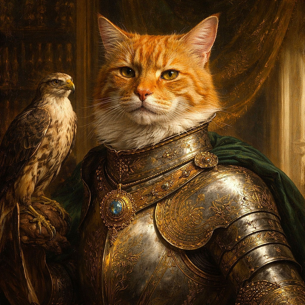 A grumpy yet majestic ginger cat draped over a teal chair, giving the world a slow-blink of mild judgment while its whiskers and fluffy white bib steal the show.