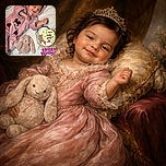 A peaceful baby dressed in a fuzzy pink bear onesie is smiling gently while lying on a soft white blanket. Nearby, a plush bunny toy and a small birthday cake with candles and a 'Happy Birthday' decoration celebrate the baby's one-month milestone in cozy, heartwarming style.