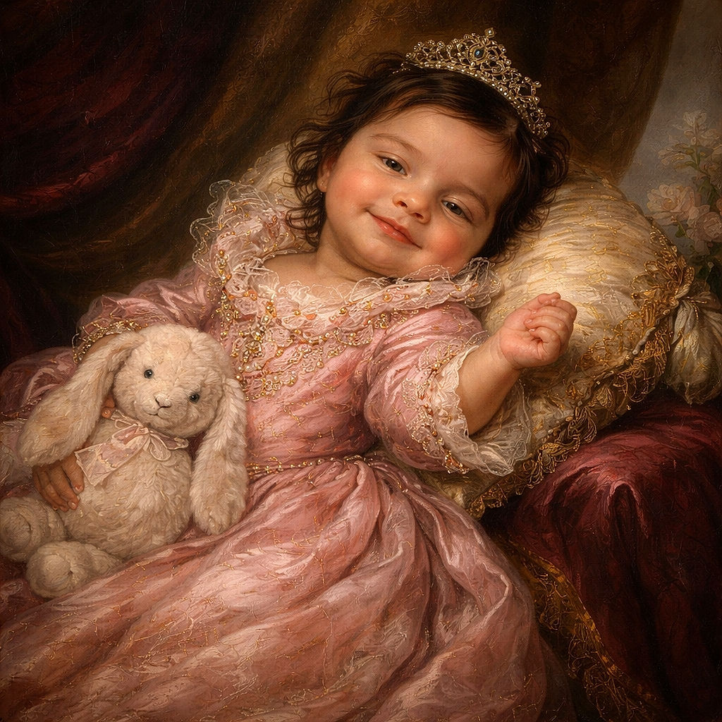 A peaceful baby dressed in a fuzzy pink bear onesie is smiling gently while lying on a soft white blanket. Nearby, a plush bunny toy and a small birthday cake with candles and a 'Happy Birthday' decoration celebrate the baby's one-month milestone in cozy, heartwarming style.