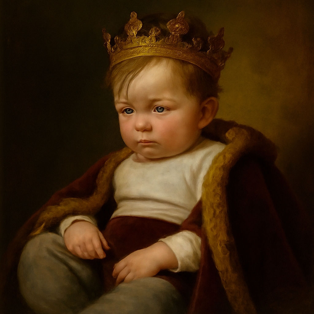 A sleepy baby lounging in a colorful baby rocker with playful animal prints, looking slightly unimpressed but comfy on a wooden floor backdrop.