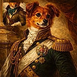 A charming dog dressed in vintage aristocratic attire, complete with a bow tie and leather belt, posed like a noble from a classic oil painting. The detailed brush strokes and warm color palette give it an old-world portrait vibe with a humorous twist.