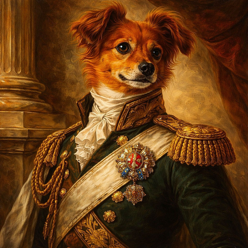 A charming dog dressed in vintage aristocratic attire, complete with a bow tie and leather belt, posed like a noble from a classic oil painting. The detailed brush strokes and warm color palette give it an old-world portrait vibe with a humorous twist.