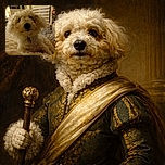A fluffy curly-haired dog is lounging comfortably on a soft, textured blanket in a cozy indoor setting. The background reveals a bookshelf and window blinds, adding a homely vibe to the scene. The dog's dark nose and eyes peek through its voluminous fur, giving it an adorably mysterious look.