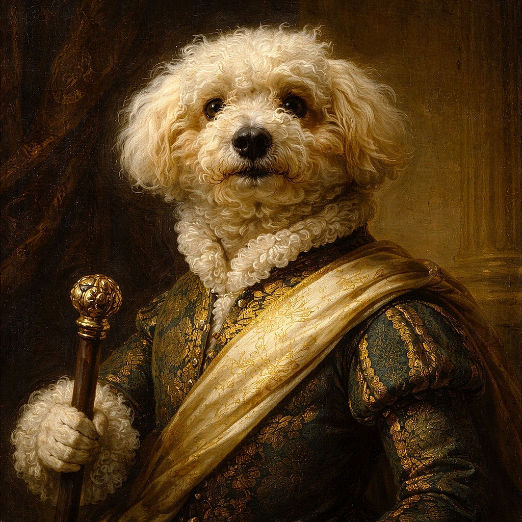 A fluffy curly-haired dog is lounging comfortably on a soft, textured blanket in a cozy indoor setting. The background reveals a bookshelf and window blinds, adding a homely vibe to the scene. The dog's dark nose and eyes peek through its voluminous fur, giving it an adorably mysterious look.