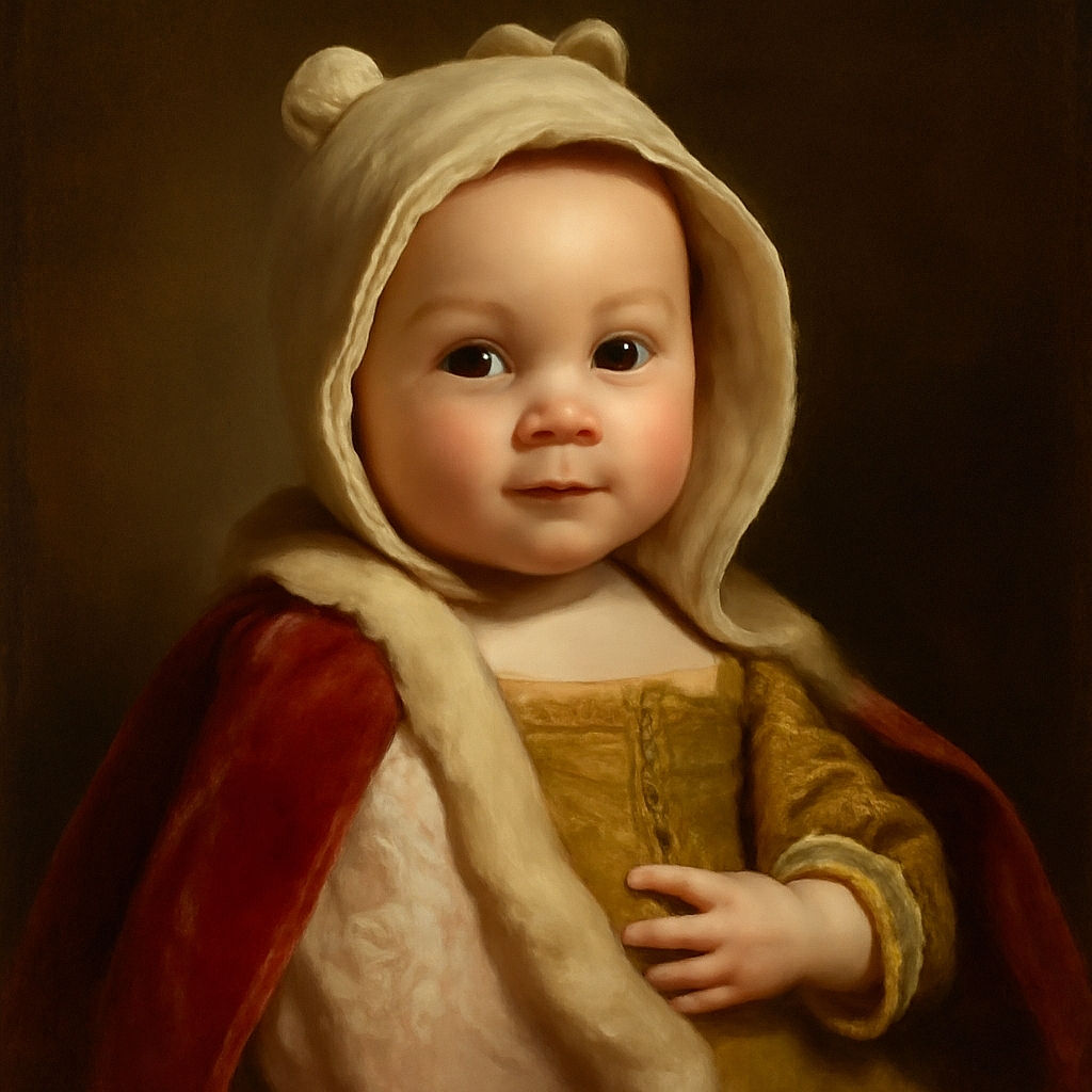 A charming baby wrapped snugly in a soft pink towel with a hood, gazing curiously at the camera while two adult hands gently hold the baby, creating a cozy and heartwarming scene.