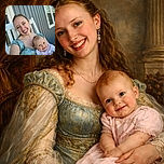 A joyful woman in a teal dress beams at the camera while holding a smiling baby dressed in a white outfit with pink writing, sitting on a white rocking chair in front of a blue paneled house with windows reflecting the sky.