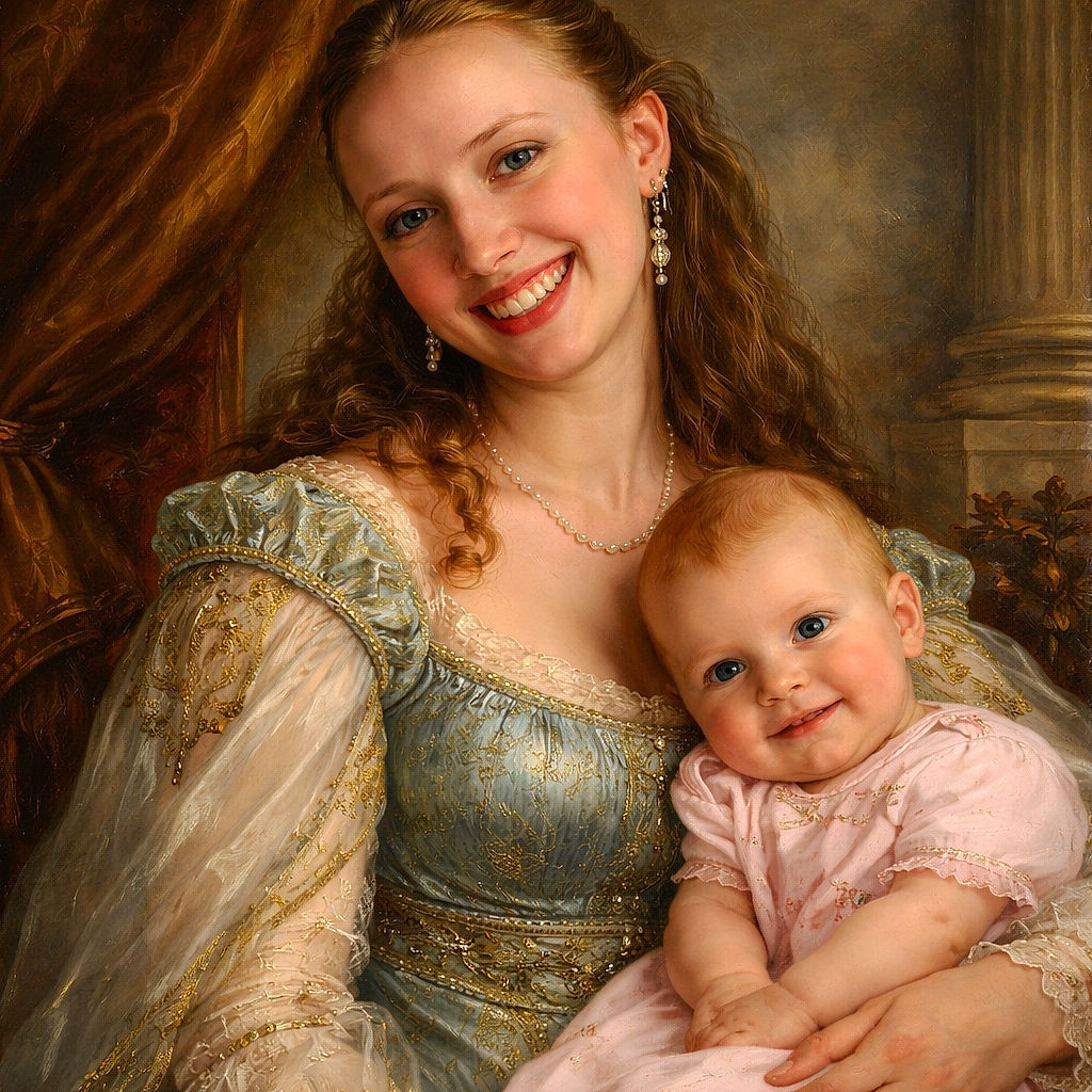 A joyful woman in a teal dress beams at the camera while holding a smiling baby dressed in a white outfit with pink writing, sitting on a white rocking chair in front of a blue paneled house with windows reflecting the sky.