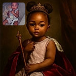 A cute toddler with two adorable hair buns is sitting on a cozy couch, holding a baby bottle and a game controller resting on her lap, looking thoughtfully at the camera with big curious eyes. The background features patterned pillows adding warmth to the scene.