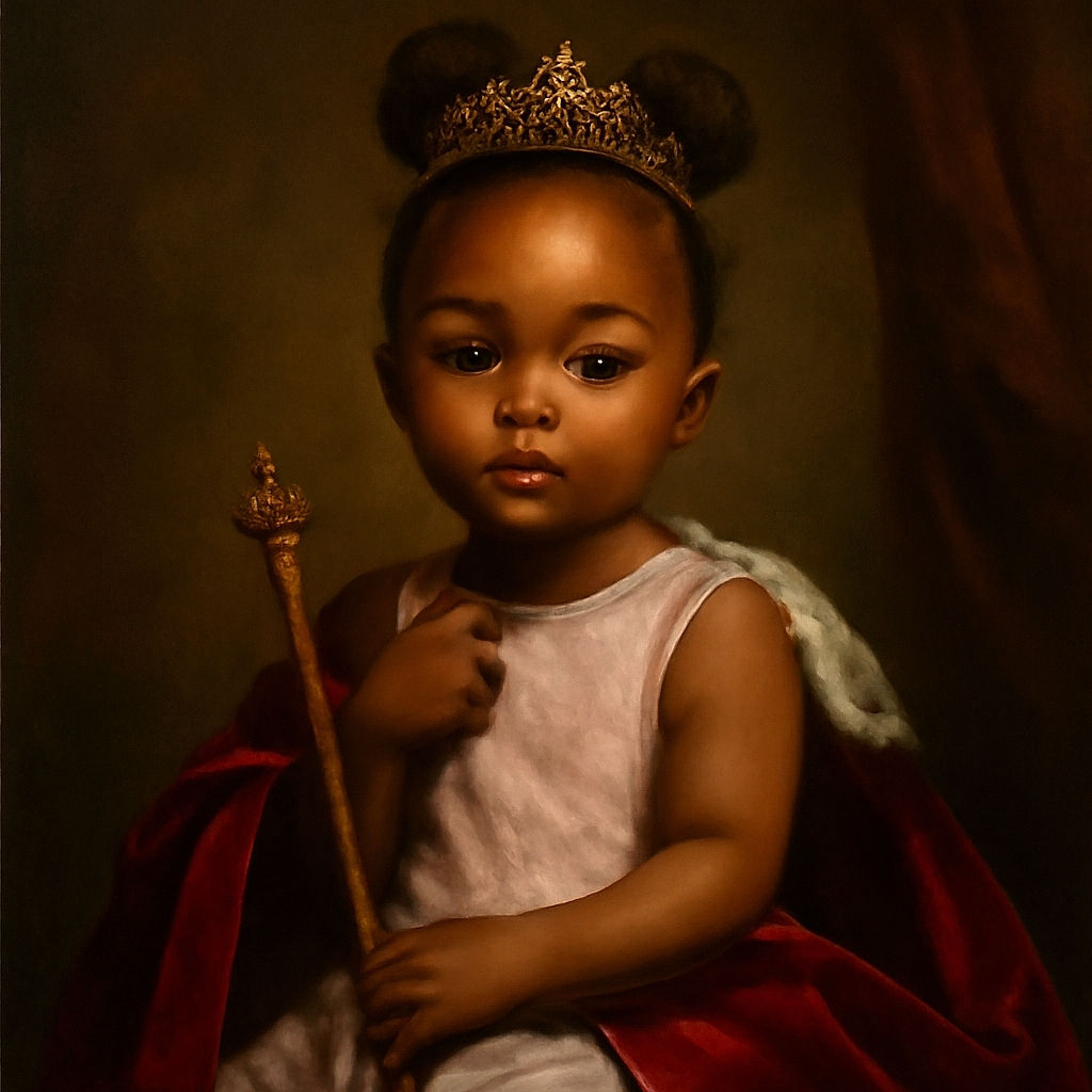 A cute toddler with two adorable hair buns is sitting on a cozy couch, holding a baby bottle and a game controller resting on her lap, looking thoughtfully at the camera with big curious eyes. The background features patterned pillows adding warmth to the scene.