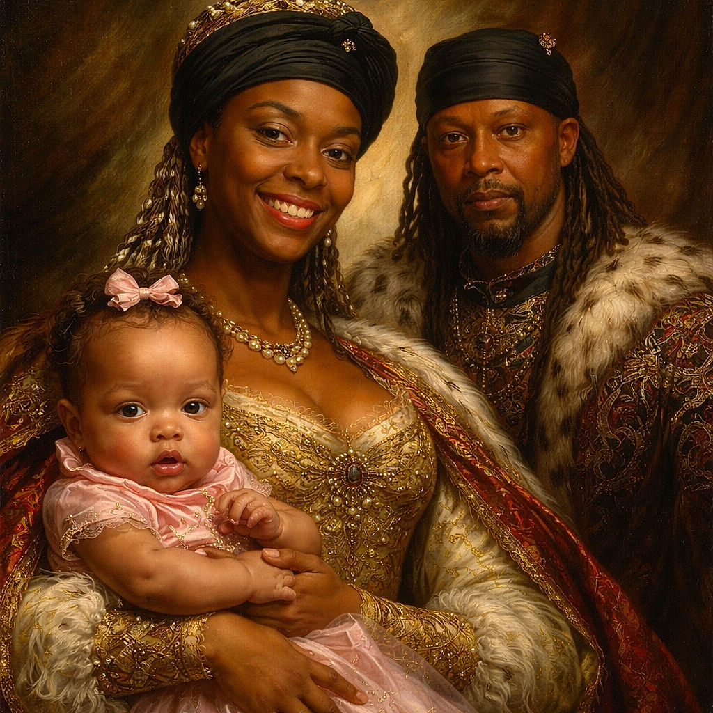 A joyful close-up selfie crammed with personality: a curious baby in a pink onesie and tiny bow reaches toward the lens, a smiling woman in a black headwrap and earbuds beams behind, and a man in a colorful patterned shirt and durag peeks over her shoulder. Striped wallpaper, window blinds and ceiling tiles give the scene a cozy, slightly official waiting-room vibe. The baby steals the show with chubby cheeks and detective-level curiosity while the grown-ups grin like proud, slightly exhausted paparazzi.