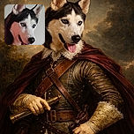 A close-up of a Siberian Husky with striking heterochromatic eyes and its tongue out, looking lively against a plain background. The image is slightly soft in focus but captures the dog's expressive face and alert ears well.