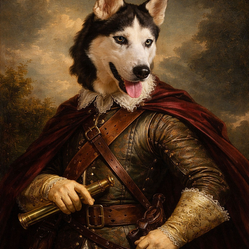 A close-up of a Siberian Husky with striking heterochromatic eyes and its tongue out, looking lively against a plain background. The image is slightly soft in focus but captures the dog's expressive face and alert ears well.